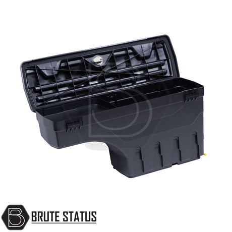 Driver side heavy-duty ABS plastic wheel well lock box for mitsubishi l200 , featuring a matte black finish, weather-sealed lid, integrated lock, and swivel-out design for secure, organized truck bed storage.