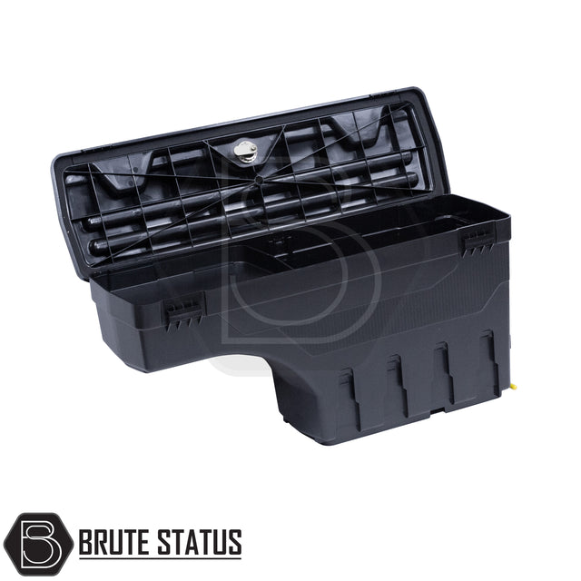 Driver side heavy-duty ABS plastic wheel well lock box for mitsubishi l200 , featuring a matte black finish, weather-sealed lid, integrated lock, and swivel-out design for secure, organized truck bed storage.