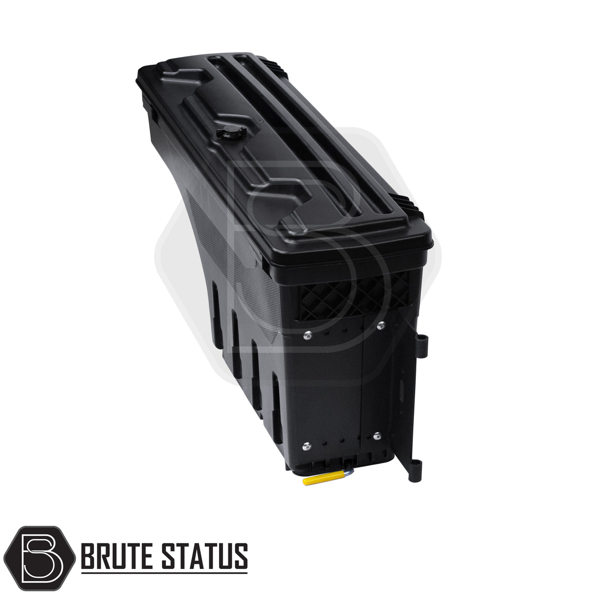 Driver side heavy-duty ABS plastic wheel well lock box for mitsubishi l200 , featuring a matte black finish, weather-sealed lid, integrated lock, and swivel-out design for secure, organized truck bed storage.