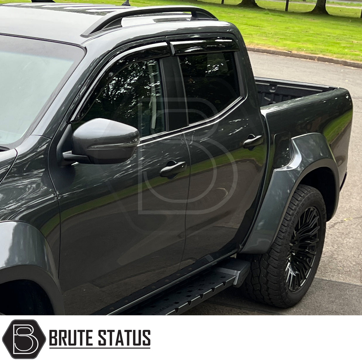 Mercedes X-Class 2017-2020 bonnet guard and wind deflectors set – durable black acrylic bundle for style, protection, and all-weather driving.