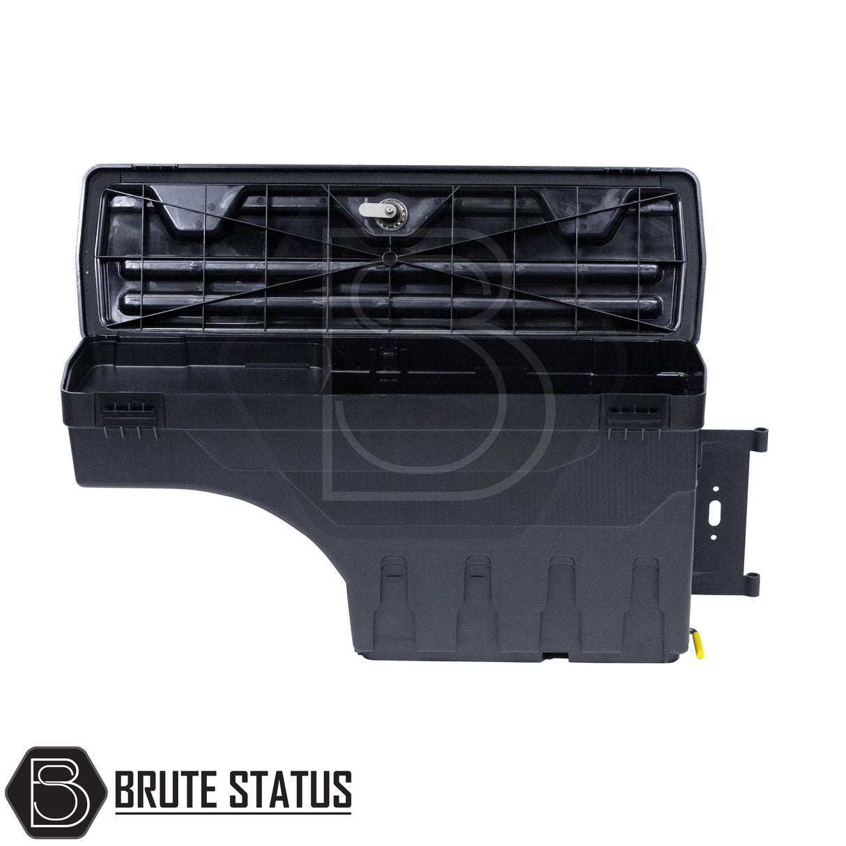 pair of heavy-duty ABS plastic wheel well lock box for ford ranger 2012+, featuring a matte black finish, weather-sealed lid, integrated lock, and swivel-out design for secure, organized truck bed storage.