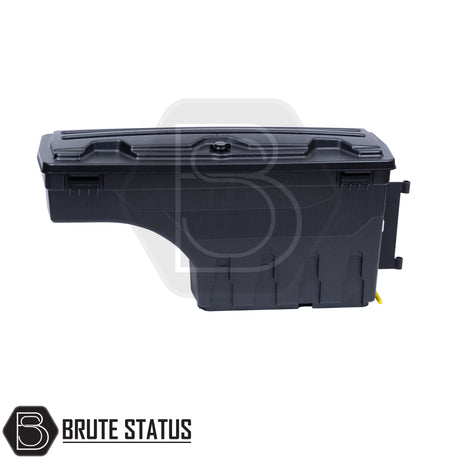 Driver side heavy-duty ABS plastic wheel well lock box for 2012-2021 Isuzu D-max, featuring a matte black finish, weather-sealed lid, integrated lock, and swivel-out design for secure, organized truck bed storage.