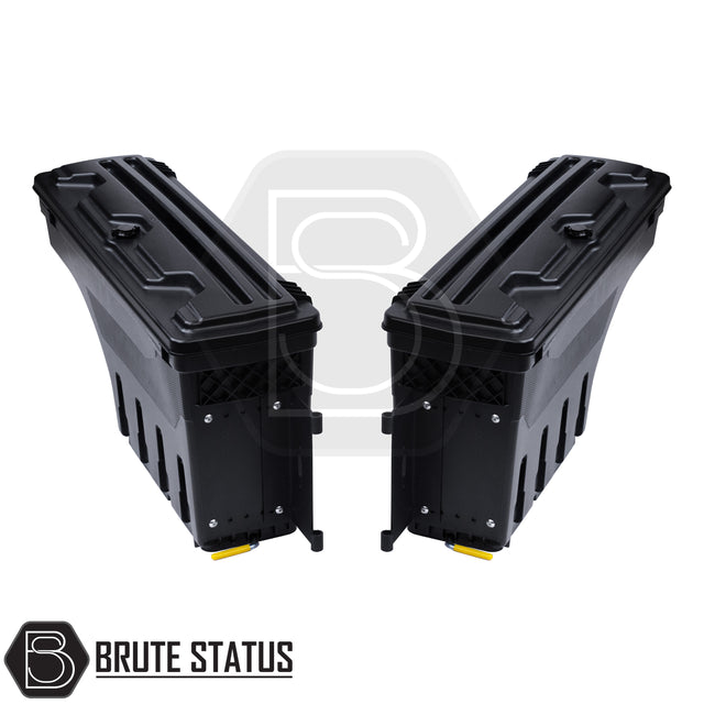pair of heavy-duty ABS plastic wheel well lock box for ISUZU DMAX, featuring a matte black finish, weather-sealed lid, integrated lock, and swivel-out design for secure, organized truck bed storage.