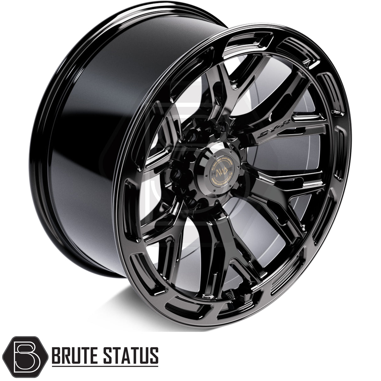Set of four Hawke AWD 6YR alloy wheels with black finish, included wheel nuts and spigot rings for secure fitment