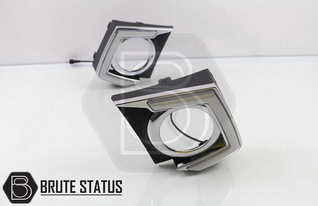 Mitsubishi L200 Series 5 2015-2019 Daytime Running Lights DRLs, featuring black and silver square LED fog light surrounds, designed for easy installation and stylish enhancement.