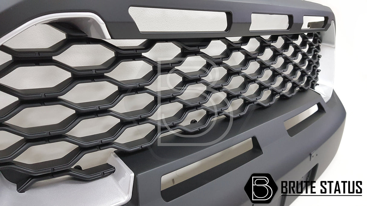 Ford Ranger 2019-2022 Black/Silver Grille for Wildtrak, featuring a sleek design with silver accents, made from high-quality ABS plastic, close-up view.