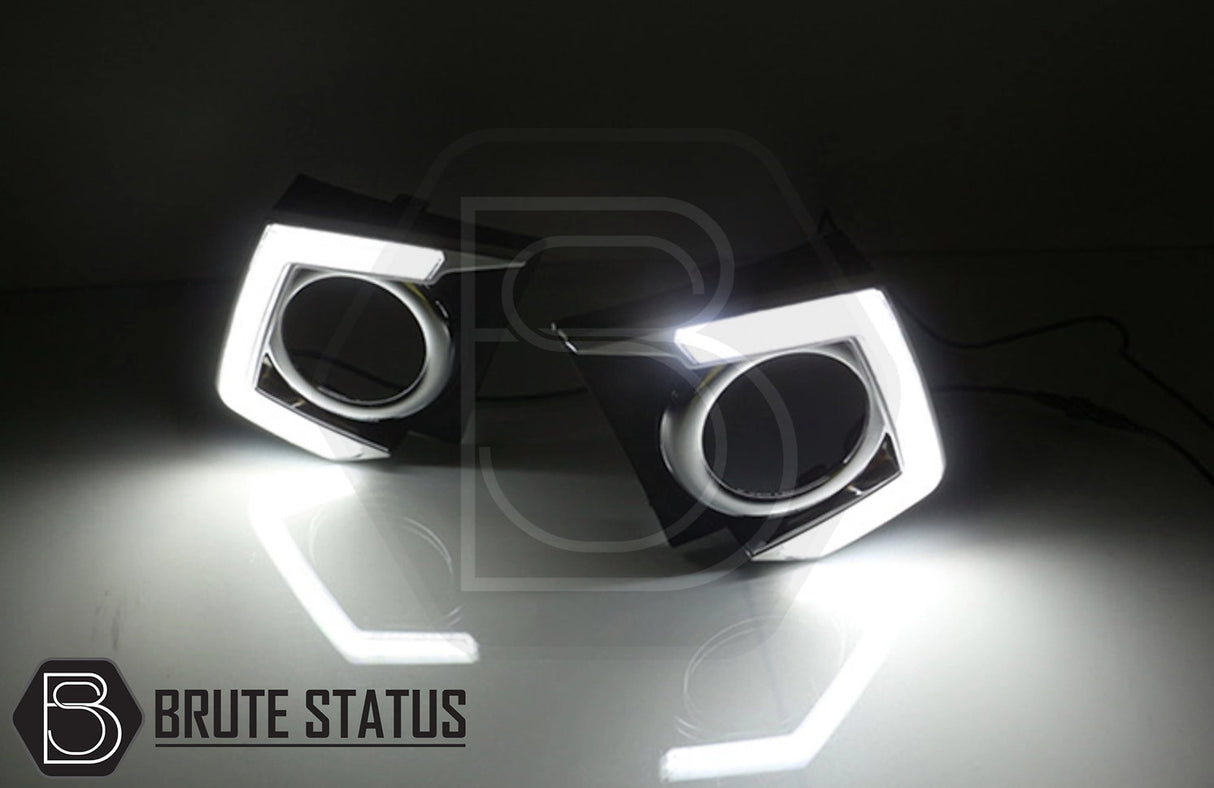 Mitsubishi L200 Series 5 2015-2019 Daytime Running Lights DRLs, featuring sleek black and silver design, easily installable with OEM connectors, enhancing your truck's style and visibility.