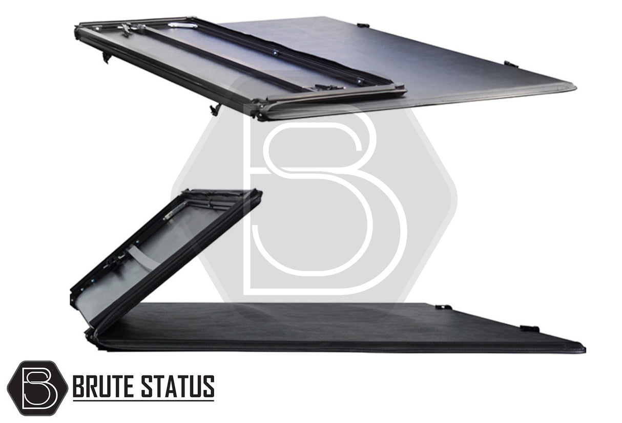 Tonneau Cover for Ford Ranger Wildtrak; tri-fold design, durable UV-stable vinyl, rubber seals, aluminium securing catch, enhanced aerodynamics and strength, fits models with rear sports bar.