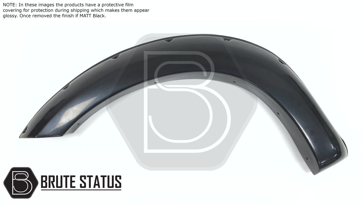 Isuzu D-Max 2016-2019 Wide Arch Kit features black fender flares with white text, designed for durability and seamless truck integration without drilling.