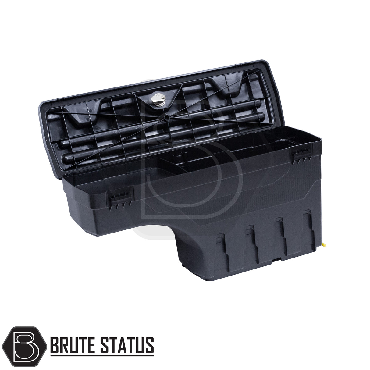 pair of heavy-duty ABS plastic wheel well lock box for the toyota hilux, featuring a matte black finish, weather-sealed lid, integrated lock, and swivel-out design for secure, organized truck bed storage.