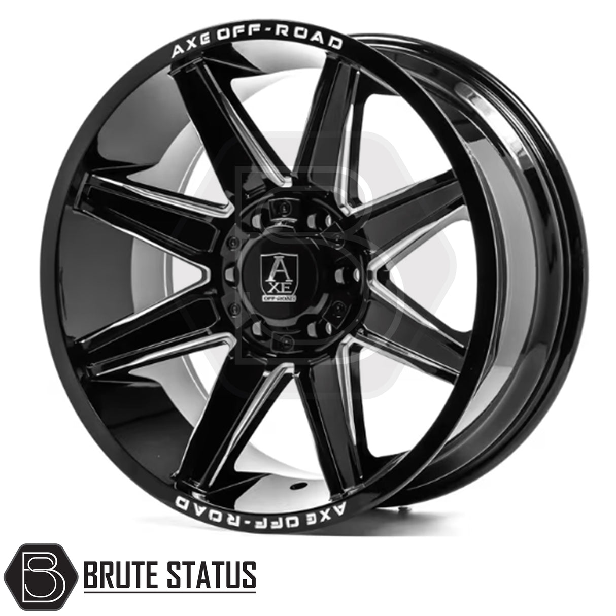 Set of four Axe AT3 20x9.5 or 20x10 alloy wheels in Gloss Black with Milled Highlights or Satin Black, featuring 6x139.7 or 6x114.3 PCD, ET-19 or ET15 offset, 106mm centre bore, and 955KG load rating. Includes wheel nuts and spigot rings. Ensure bolt pattern compatibility before purchase.