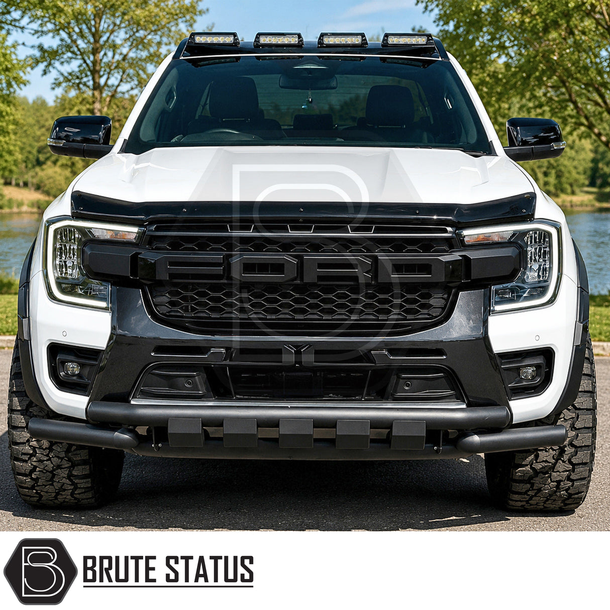 Black bonnet guard for Ford Ranger T9 with easy fit mounting brackets and aerodynamic styling