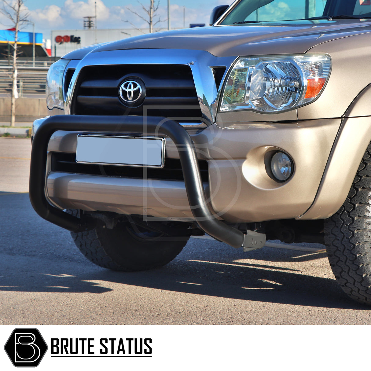 black bull/nudge bar for the ssangyong musso pickup truck, showcasing its rugged design and protective build