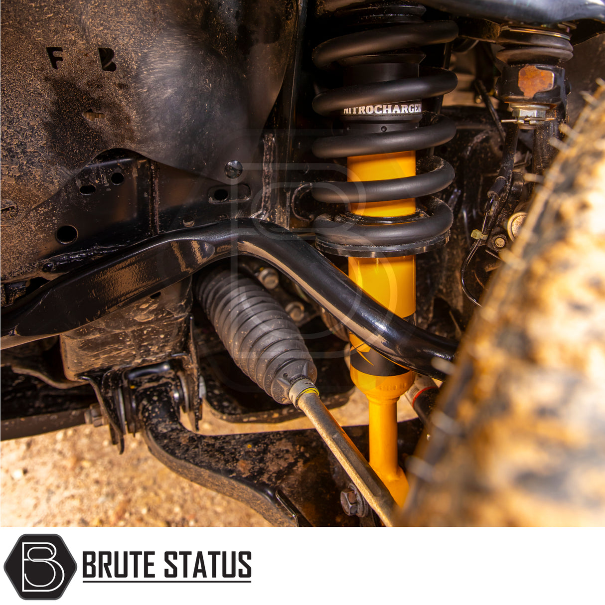 Close-up of a Ford Ranger suspension lift kit featuring a nitro-charged shock absorber, control arm, and steering gear with Brute Status branding, showcasing off-road enhancements.