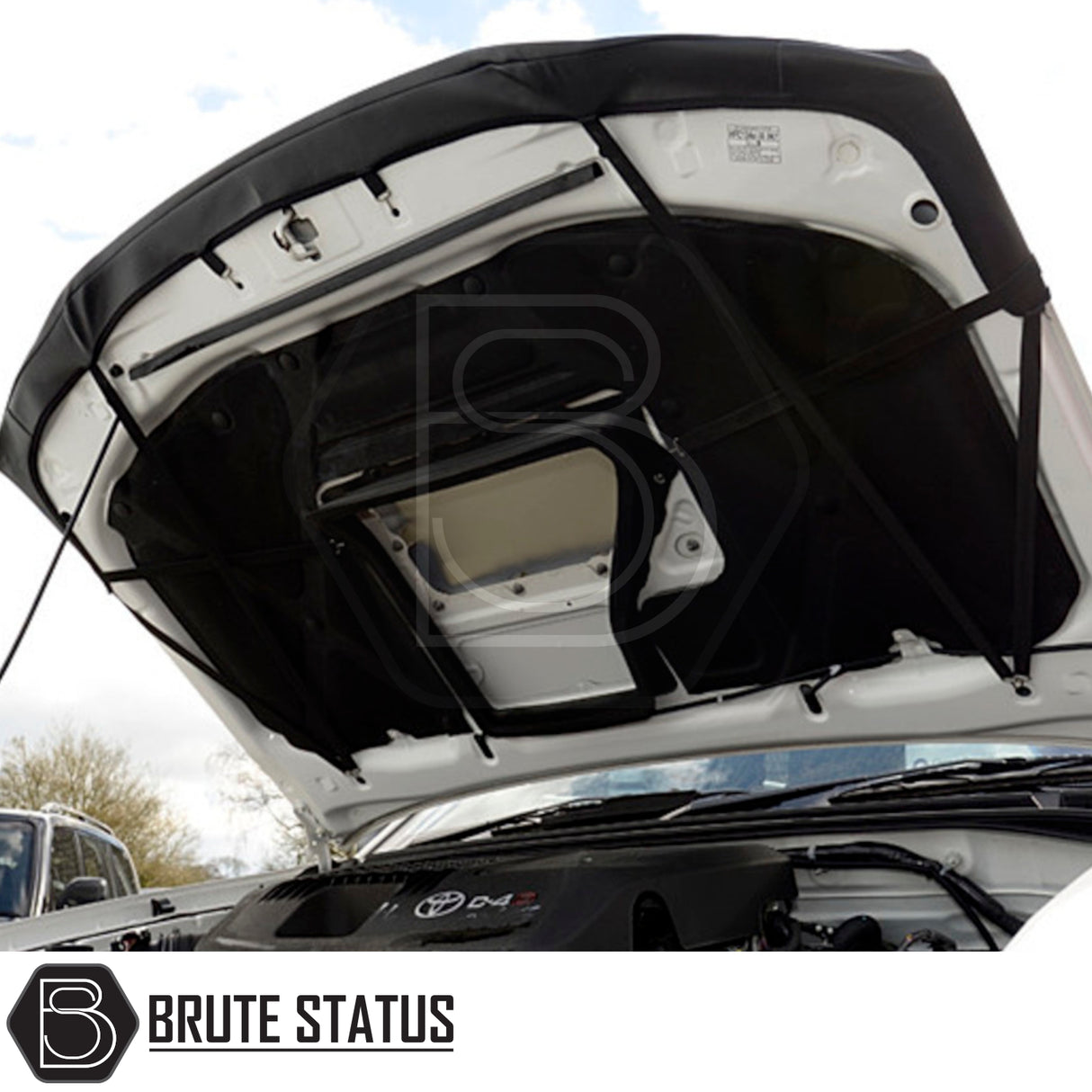 Toyota Hilux 2005-2016 PU Coated Bonnet Bra fitted on an open car hood, showcasing its protective design against debris and weather.