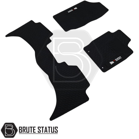 Fiat Fullback 2016-2019 Double Cab Rubber Floor Mats, featuring custom fit, durable rubber with non-slip backing and logo, ideal for right-hand drive vehicles.