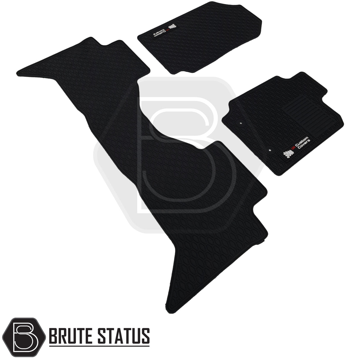 Ford Ranger Wildtrak 2012-2019 Double Cab Rubber Floor Mats, custom-fit heavy-duty rubber with non-slip backing, designed for right-hand drive vehicles, features OE fixings for secure placement.