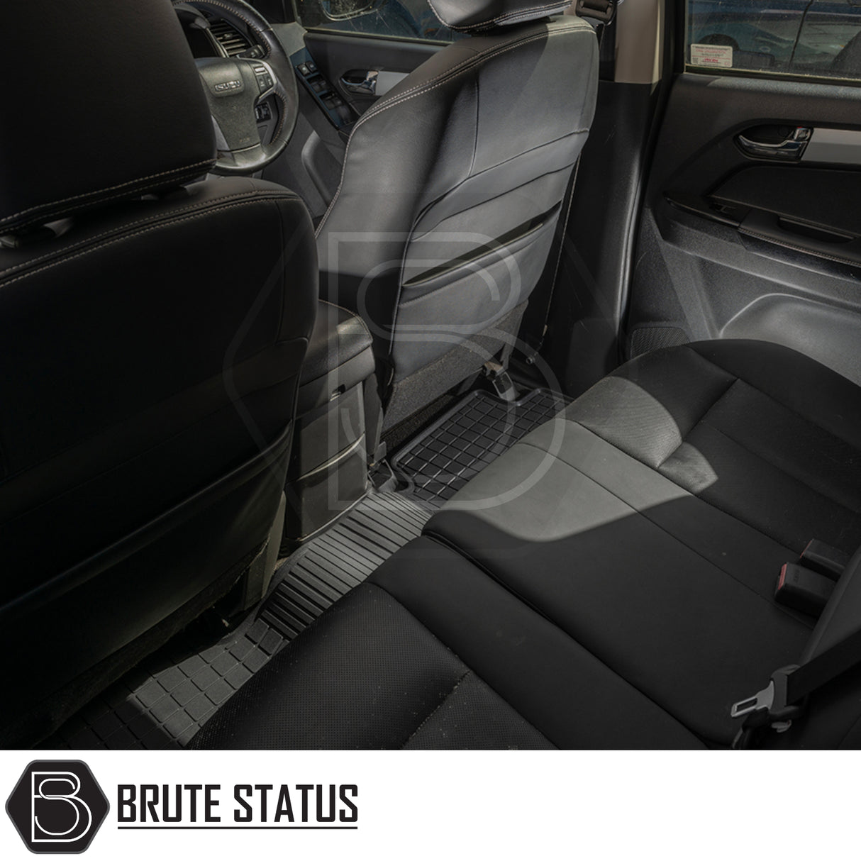 Isuzu D-Max 2012-2020 Double Cab Rubber Floor Mats shown inside a car, highlighting their perfect fit and heavy-duty, non-slip design for right-hand drive vehicles.
