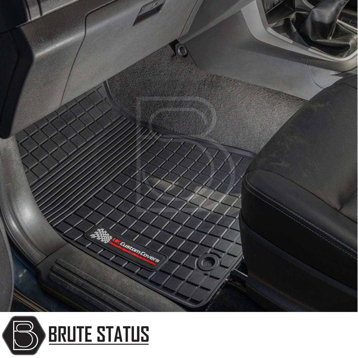Isuzu D-Max 2012-2020 Double Cab Rubber Floor Mats shown close-up, highlighting durable, non-slip rubber design for right-hand drive vehicles, with tailored fit and lipped edging.