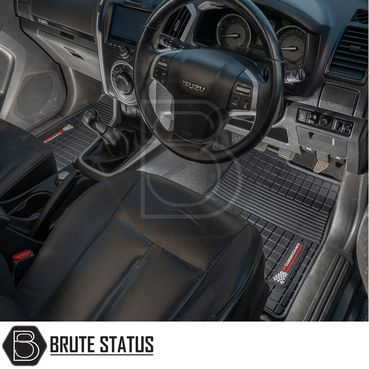 Isuzu D-Max 2012-2020 Double Cab Rubber Floor Mats visible in car interior, featuring custom fit, heavy-duty rubber, and non-slip backing for right-hand drive vehicles.