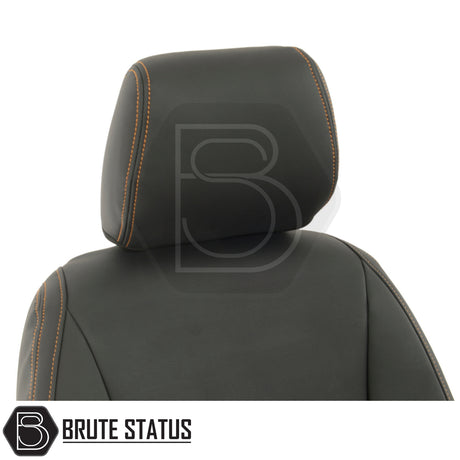 Ford Ranger 2016-2022 T7 & T8 Wildtrak Double Cab tailored leatherette seat cover, black with orange stitching, offering a snug, durable, and stylish fit.