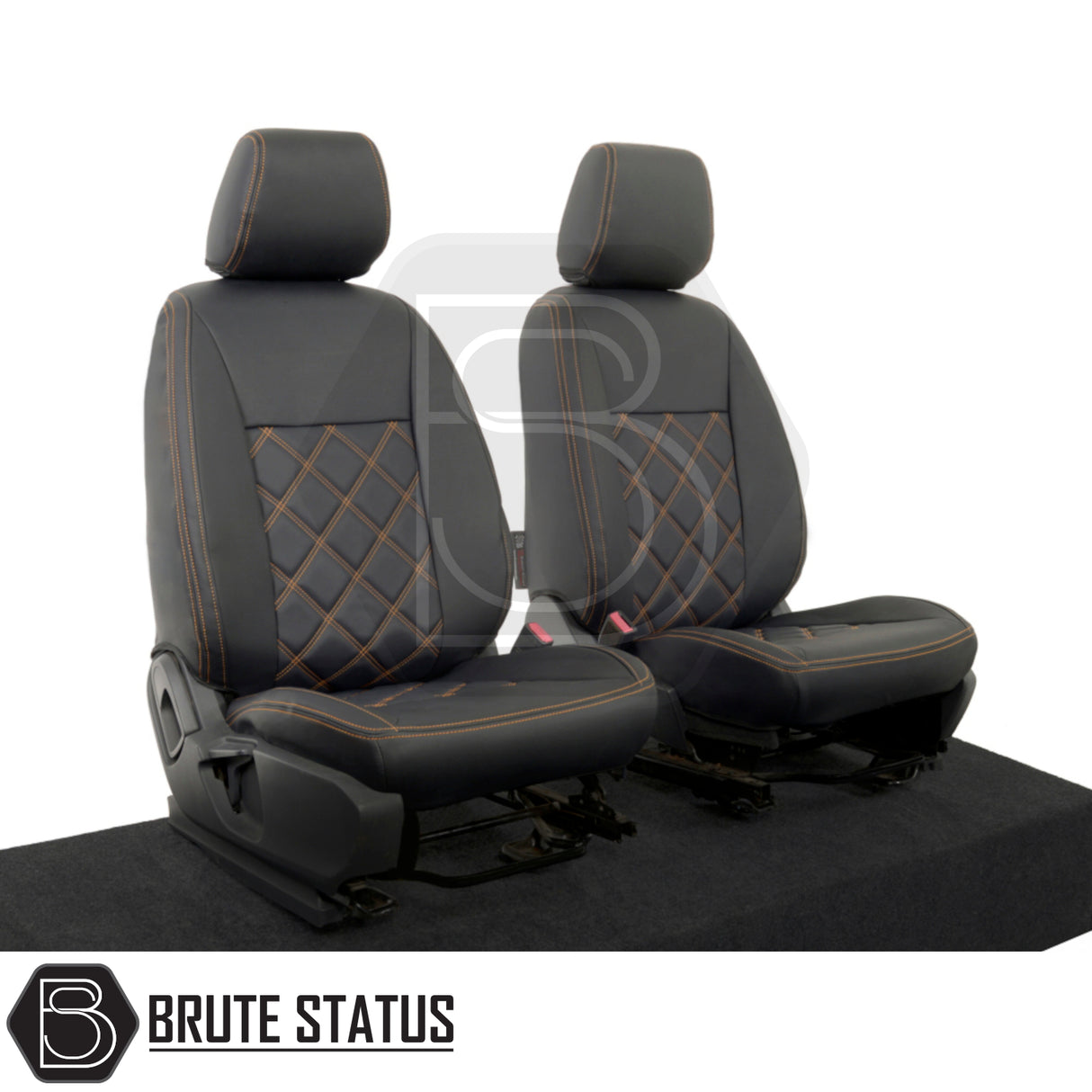 Ford Ranger 2016-2022 T7 & T8 Wildtrak tailored leatherette seat covers featuring black seats with orange stitching, designed for a snug, protective fit.