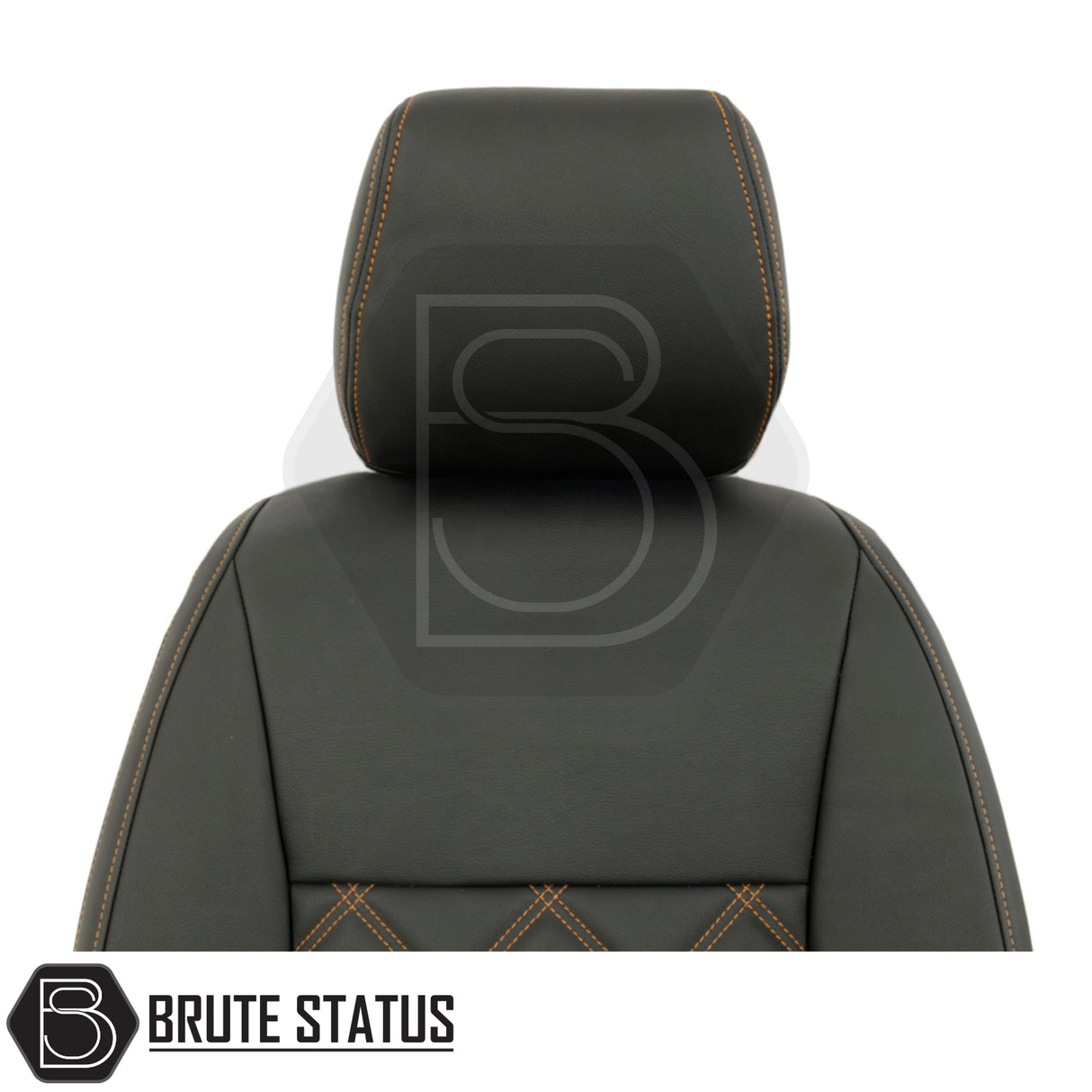 Ford Ranger 2016-2022 T7 & T8 Wildtrak Double Cab tailored leatherette seat covers, featuring black leather with orange stitching, designed for precise fit and premium protection.