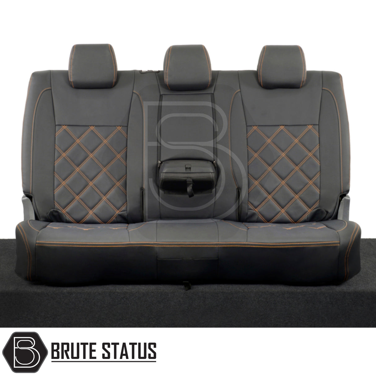 Ford Ranger 2016-2022 T7 & T8 Wildtrak Double Cab Leatherette Seat Covers with black and orange stitching, tailored for snug fit and protection.