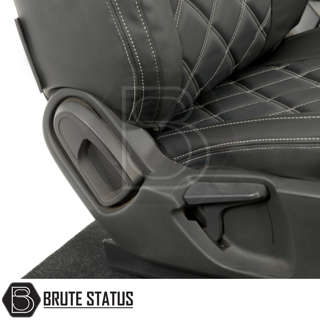 Close-up of Ford Ranger 2016-2022 Wildtrak tailored leatherette seat cover, showcasing premium foam-backed material and precise fit for enhanced vehicle interior protection.