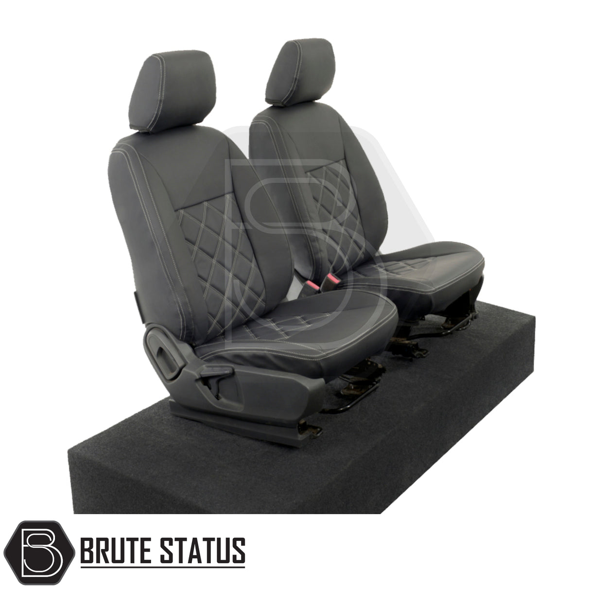 Ford Ranger T7 & T8 Wildtrak tailored leatherette seat covers, showcasing premium fit and design, with foam-backed material, emphasized by detailed close-ups of the seats.