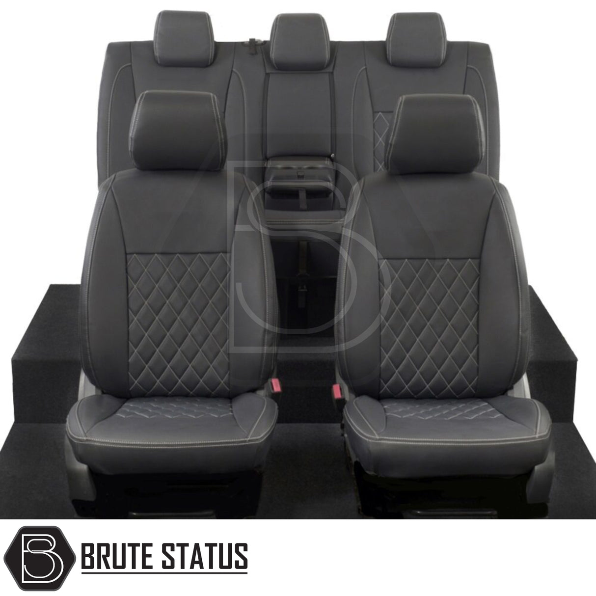 Ford Ranger 2016-2022 T7 & T8 Wildtrak Double Cab Tailored Leatherette Seat Covers; close-up of custom-fit, premium foam-backed material on front seats.