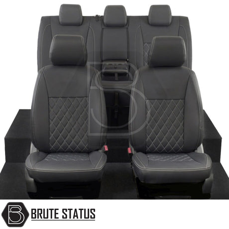 Ford Ranger 2016-2022 T7 & T8 Wildtrak Double Cab Tailored Leatherette Seat Covers; close-up of custom-fit, premium foam-backed material on front seats.