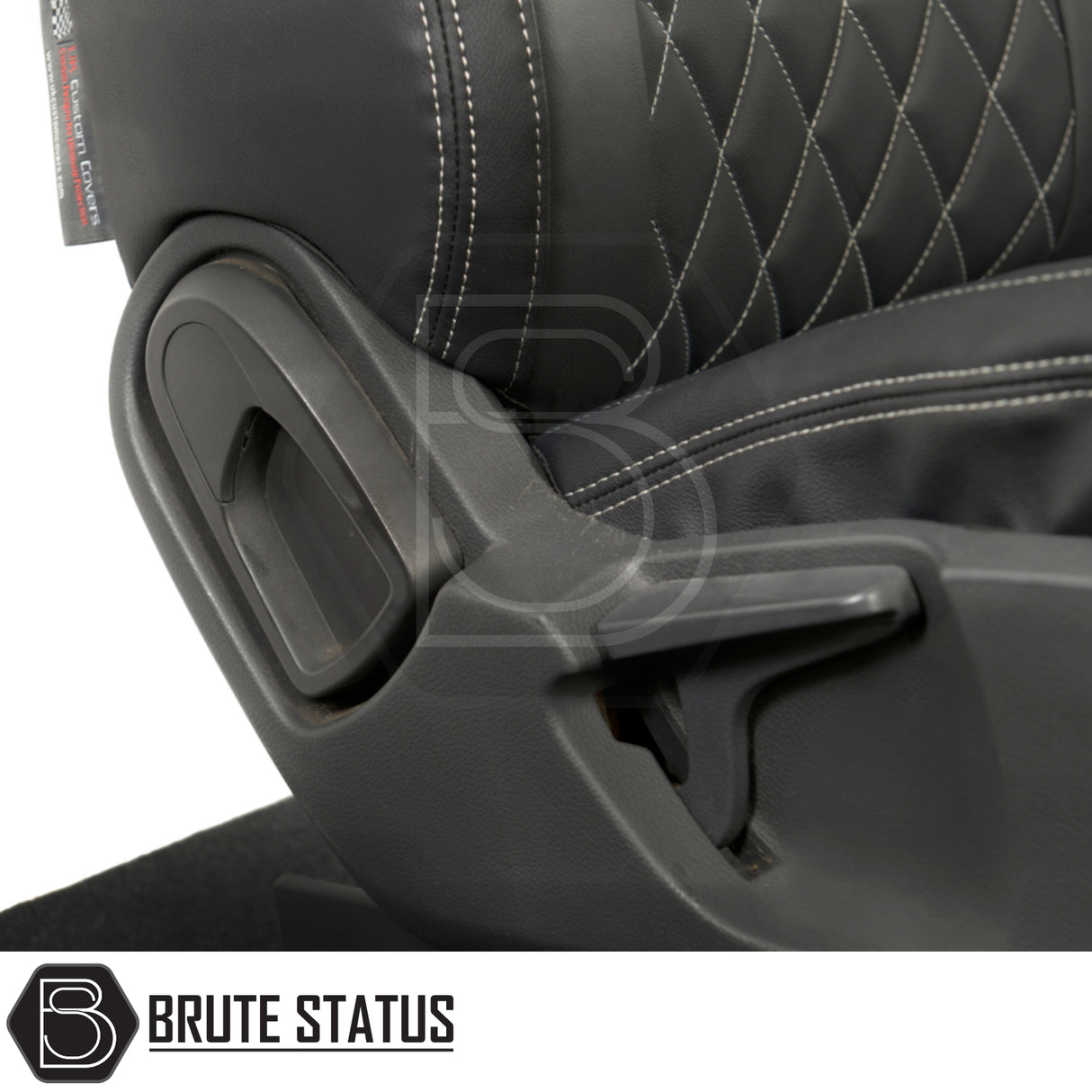 Ford Ranger 2016-2022 T7 & T8 Wildtrak Double Cab Tailored Leatherette Seat Covers, showcasing a close-up of black, foam-backed leatherette material for premium protection.