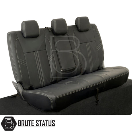 Ford Ranger 2016-2022 seat covers, featuring a tailored leatherette design with three headrests, providing a snug fit and premium protection for your vehicle's interior.