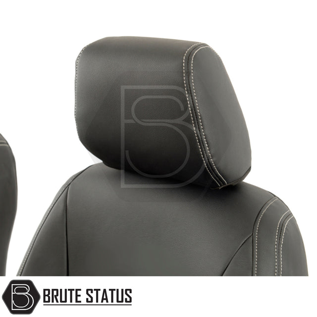 Ford Ranger 2016-2022 Wildtrak tailored leatherette seat covers, showcasing a black leather headrest, designed for durability and precise fit in your truck's interior.
