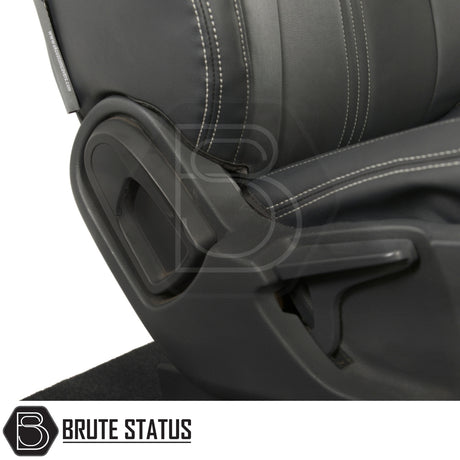 Close-up of Ford Ranger 2016-2022 Wildtrak tailored leatherette seat covers, showcasing premium foam-backed material, tailored fit, and genuine leather look for optimal protection.