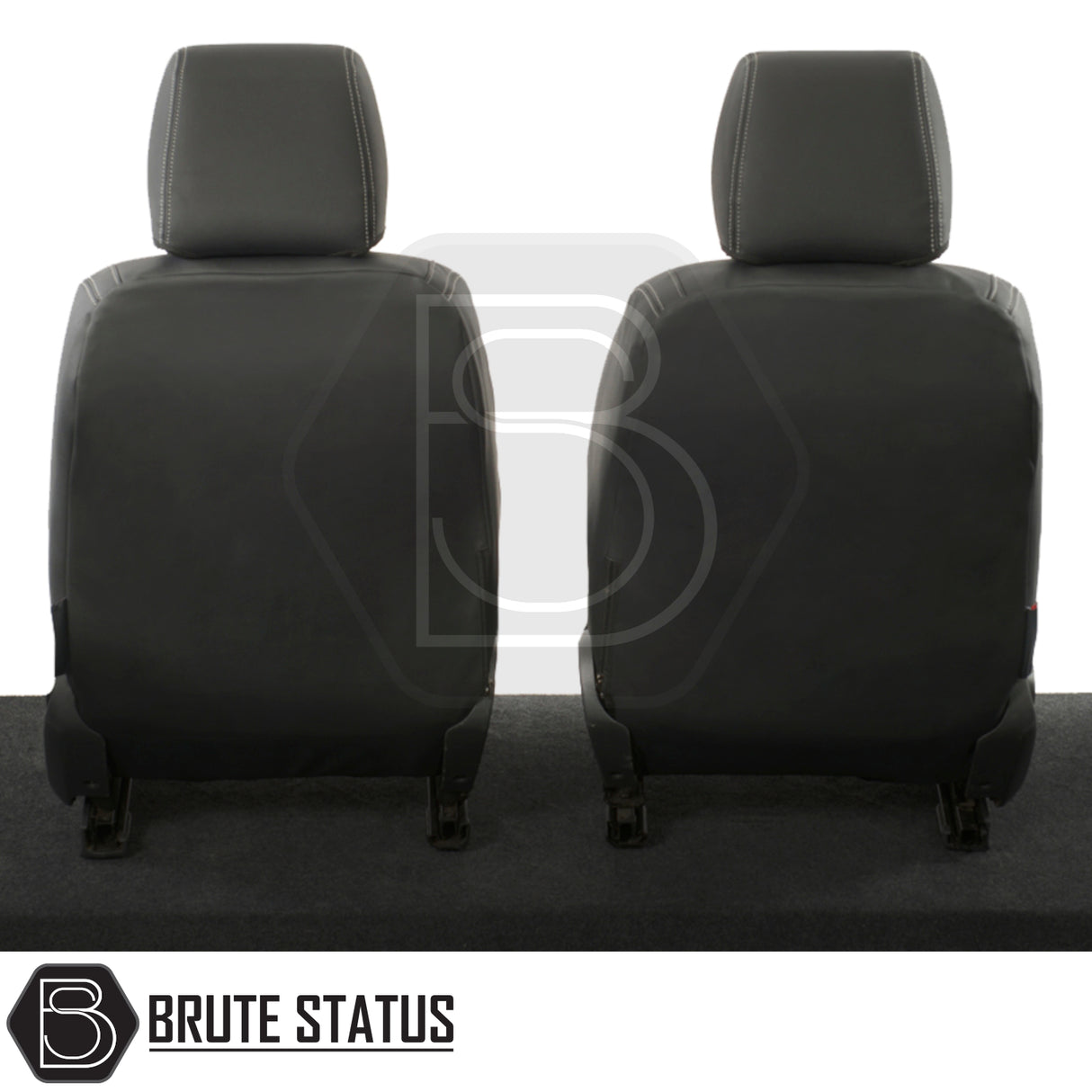 Ford Ranger Wildtrak Double Cab tailored leatherette seat covers, showcasing black leather seats with headrests, designed for a snug fit and durable protection.