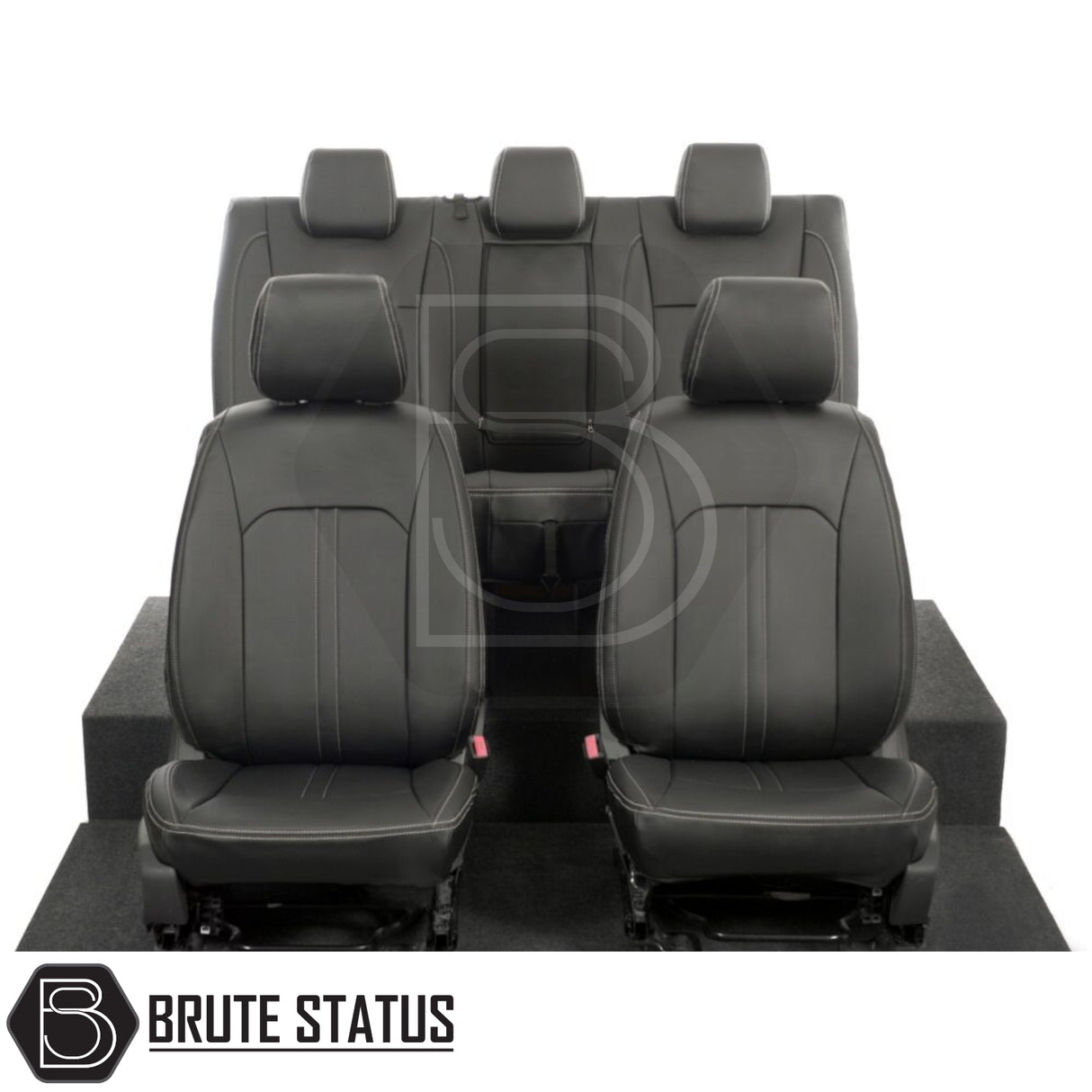 Ford Ranger 2012-2022 Double Cab leatherette seat covers, tailored fit with white block stitch, showcasing premium material and precise contour integration for optimal protection.