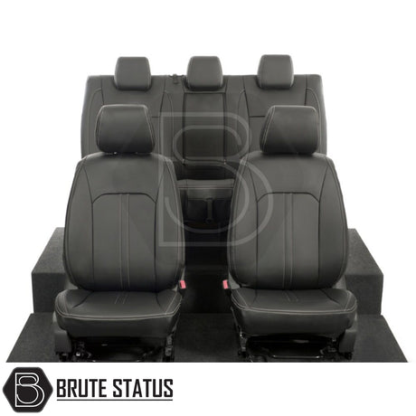 Ford Ranger 2012-2022 Double Cab leatherette seat covers, tailored fit with white block stitch, showcasing premium material and precise contour integration for optimal protection.