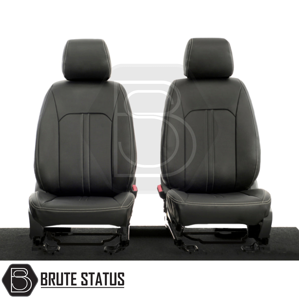 Ford Ranger 2012-2022 tailored leatherette seat covers with white block stitch, featuring high-quality foam-backed material, designed for precise fit and protection.