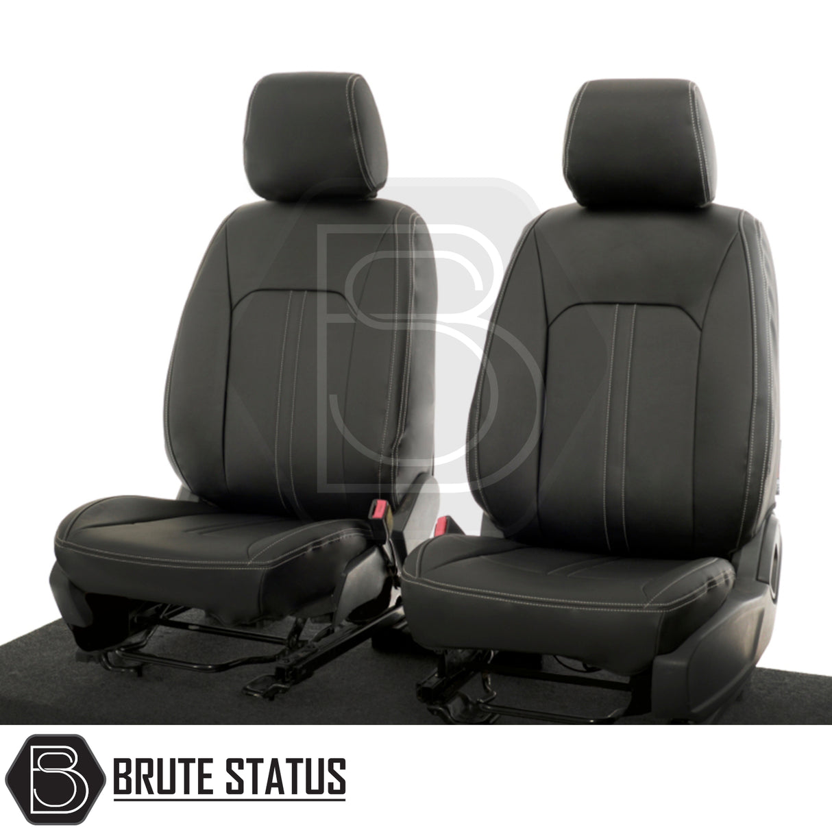 Ford Ranger 2012-2022 Double Cab Tailored Leatherette Seat Covers, featuring black leather appearance with white block stitching, designed for models with rear armrest.
