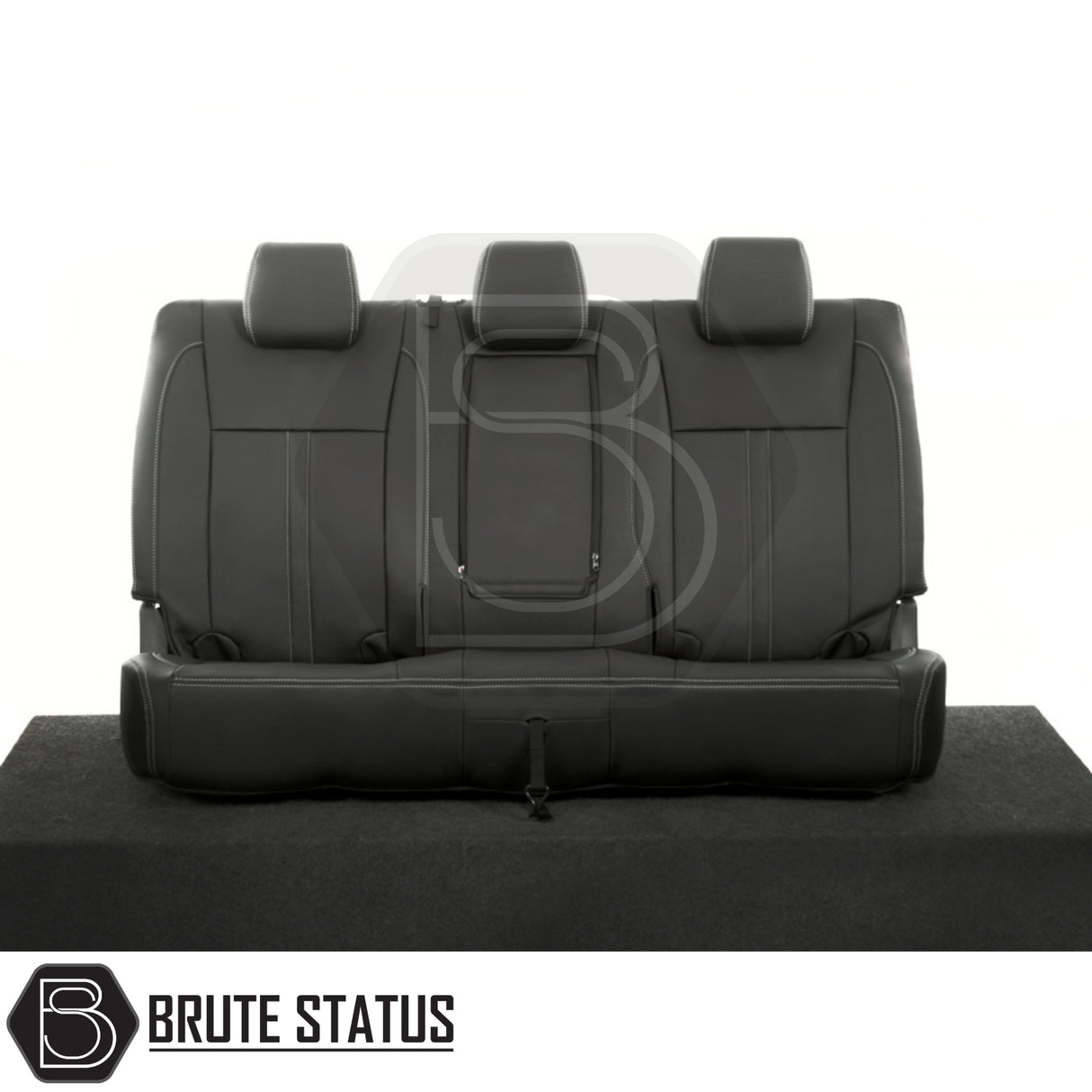 Ford Ranger 2012-2022 T6, T7, T8 Double Cab tailored leatherette seat covers with white block stitch, featuring premium materials and custom fit for models with rear armrest.