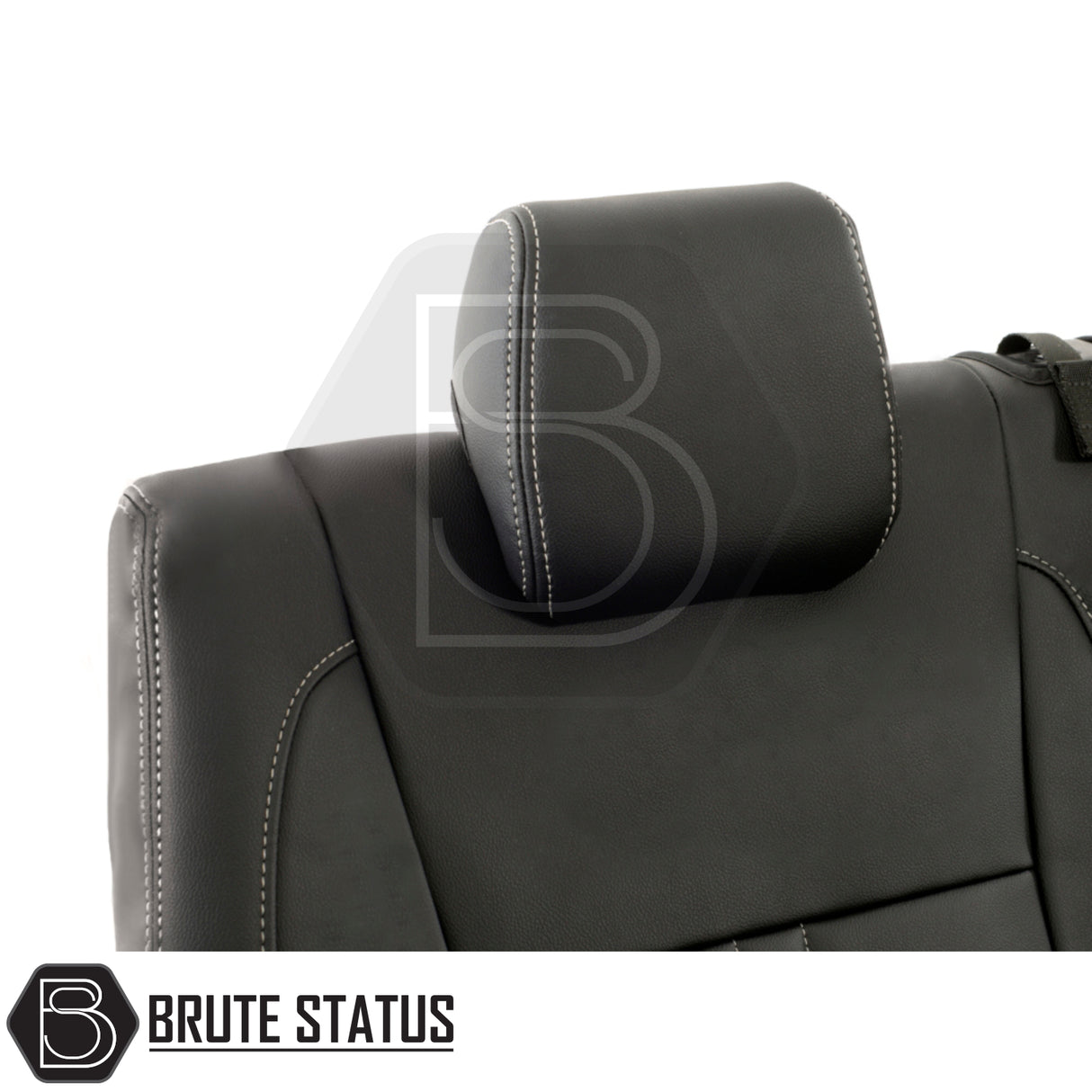 Ford Ranger 2012-2022 Double Cab tailored leatherette seat covers with white block stitch, designed for models with rear armrest, showcasing close-up of black leather finish.
