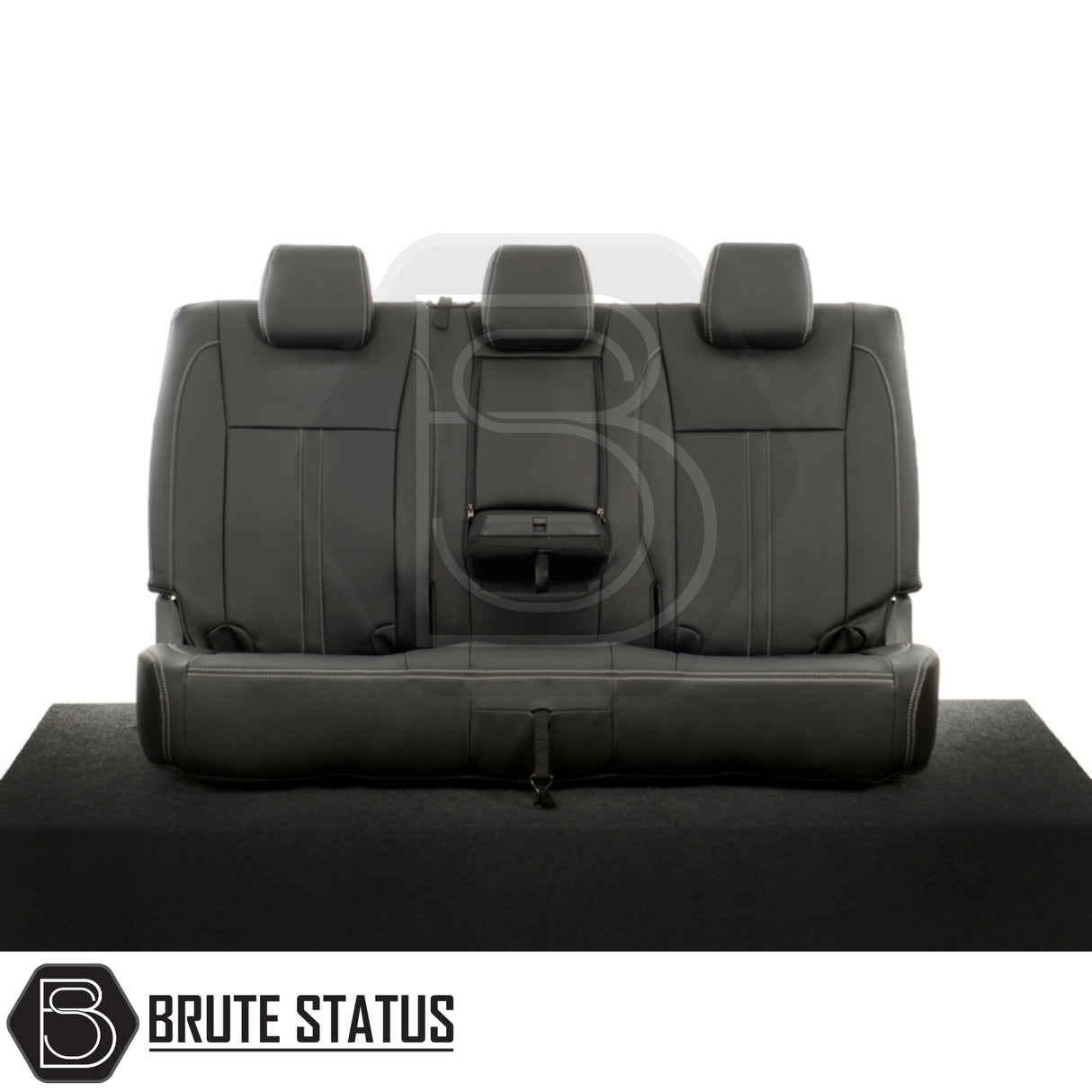 Ford Ranger 2012-2022 Double Cab tailored leatherette seat covers, three-seat configuration with pull-down armrest, white block stitch detailing, premium fit and protection.