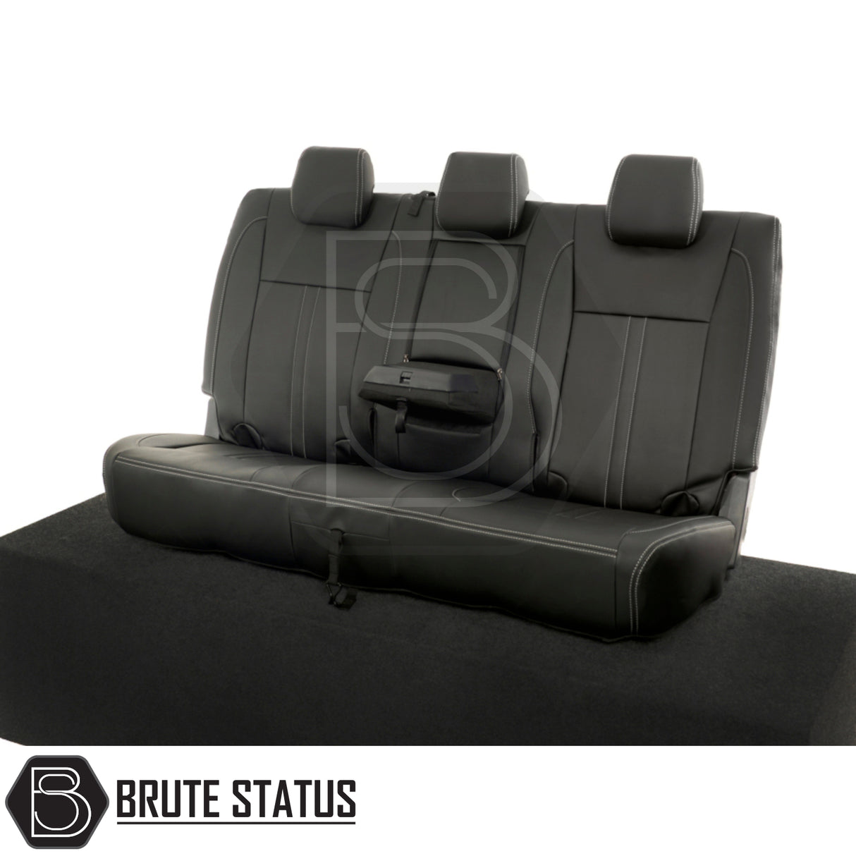Ford Ranger 2012-2022 tailored leatherette seat covers with white block stitch, featuring three headrests, snug fit, and premium materials for enhanced protection and style.