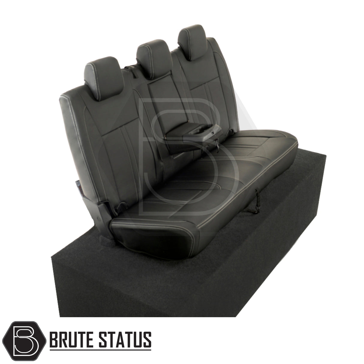 Ford Ranger 2012-2022 T6, T7, T8 Double Cab tailored leatherette seat covers with white block stitch, featuring a visible pull-down armrest in the rear middle seat.