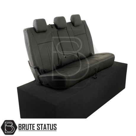 Ford Ranger 2012-2022 Double Cab Tailored Leatherette Seat Covers with three headrests, designed for models with rear pull-down armrest, featuring premium, snug-fitting material.