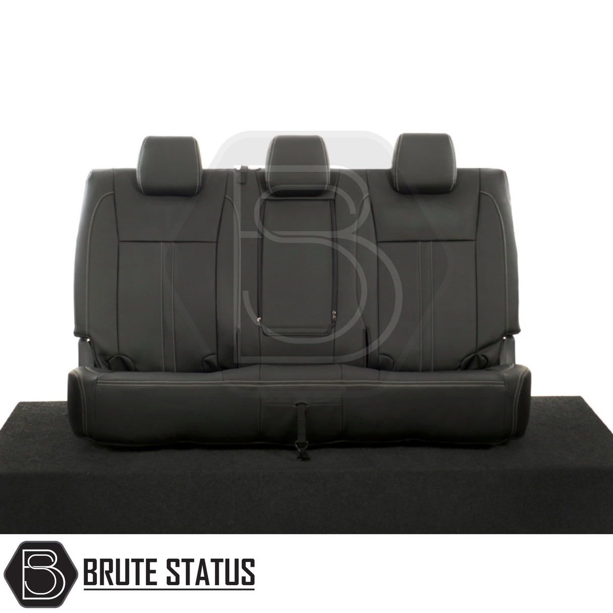 Ford Ranger tailored leatherette seat covers featuring white block stitch, designed for double cab models with armrests, offering custom fit and premium material protection.