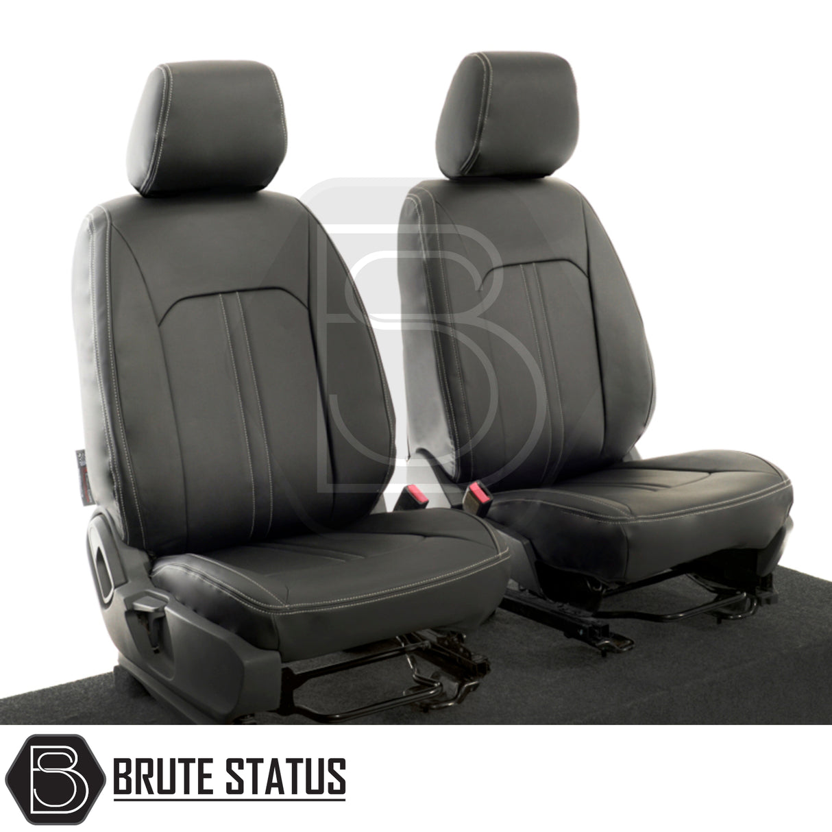 Ford Ranger 2012-2022 leatherette seat covers with white stitching, tailored fit, featuring headrests and armrest compatibility, enhancing vehicle interior protection and style.