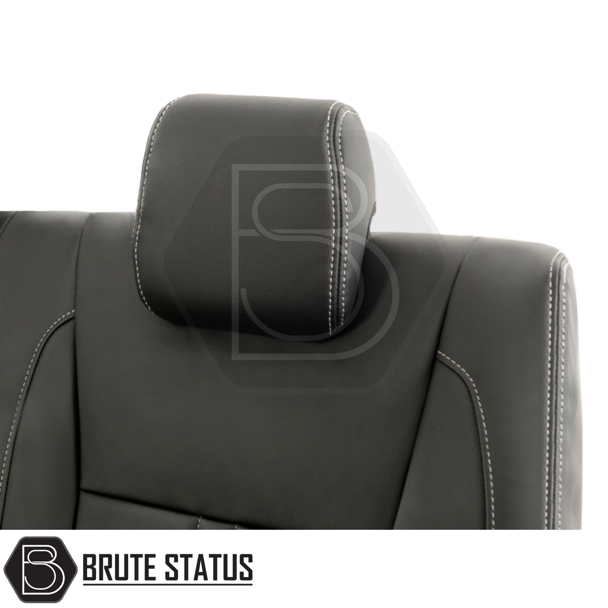 Ford Ranger Double Cab Leatherette Seat Covers with white block stitch, tailored fit for 2012-2022 models, featuring black leather headrest on car seat.